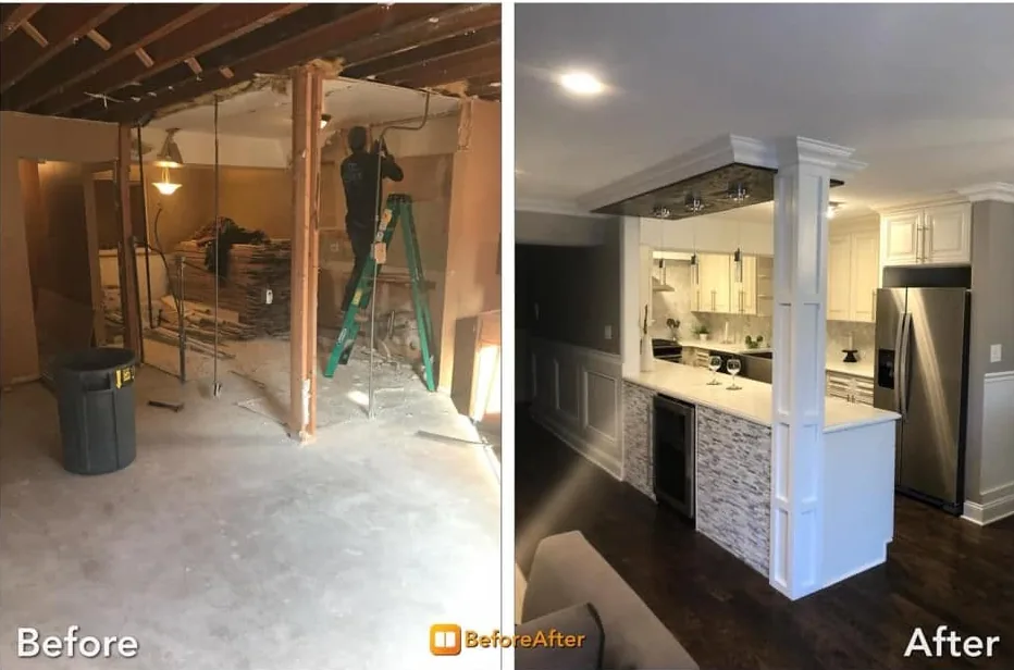 Before and after of a basement gut renovation — exposed studs and floor joists during demolition on the left, a finished wet bar with white cabinetry, stacked-stone backsplash, wine fridge and dark hardwood floors on the right