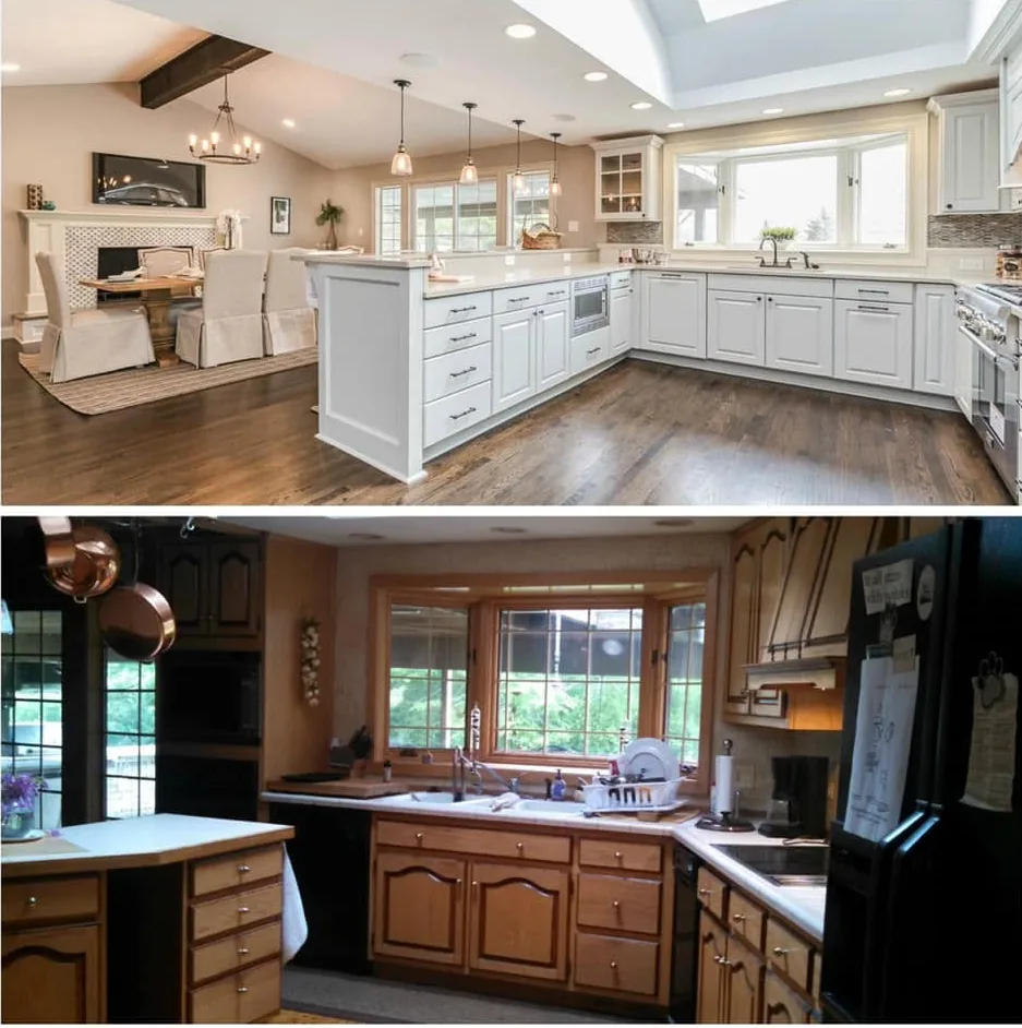 Before and after of a full kitchen remodel by Ultimate Touch Home Remodeling — dated oak cabinets, laminate counters and black appliances replaced with white shaker cabinetry, stone counters, pendant lighting and wide-plank hardwood floors