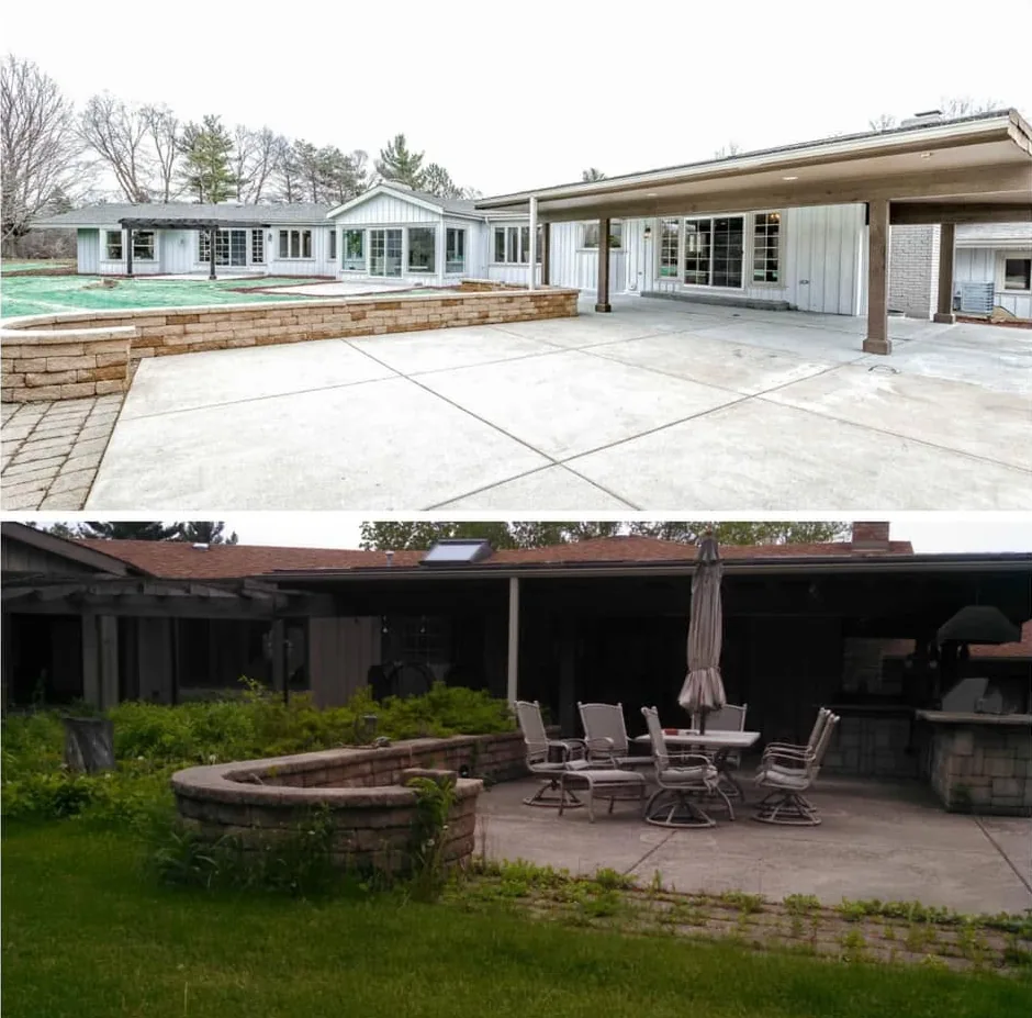 Before and after of a rear exterior remodel — a dark, overgrown paver patio replaced with a wide poured-concrete patio, cut-stone seat wall, covered porch and white board-and-batten siding